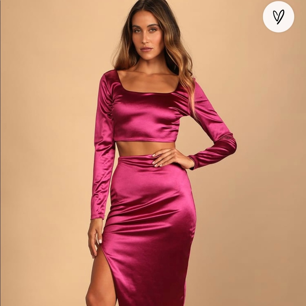 Lulu’s Got That Glow Magenta Satin Two Piece Midi Dress Size XL